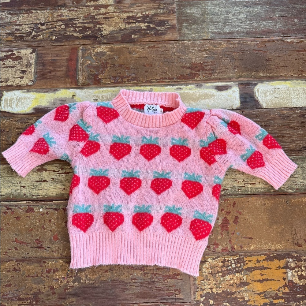 Lola + The Boys Pink Red Strawberry Knit Short Sleeve Sweater Shirt | Size 8